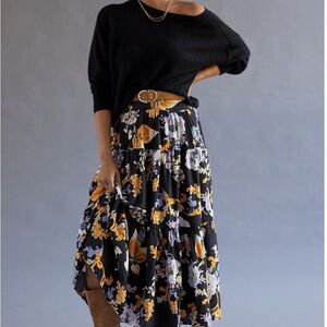 Maeve Tiered Maxi Skirt Size Medium in Black Motif